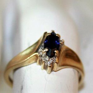UTR 10K Yellow Gold Blue Marquise Sapphire Diamond Ring Size 6.75